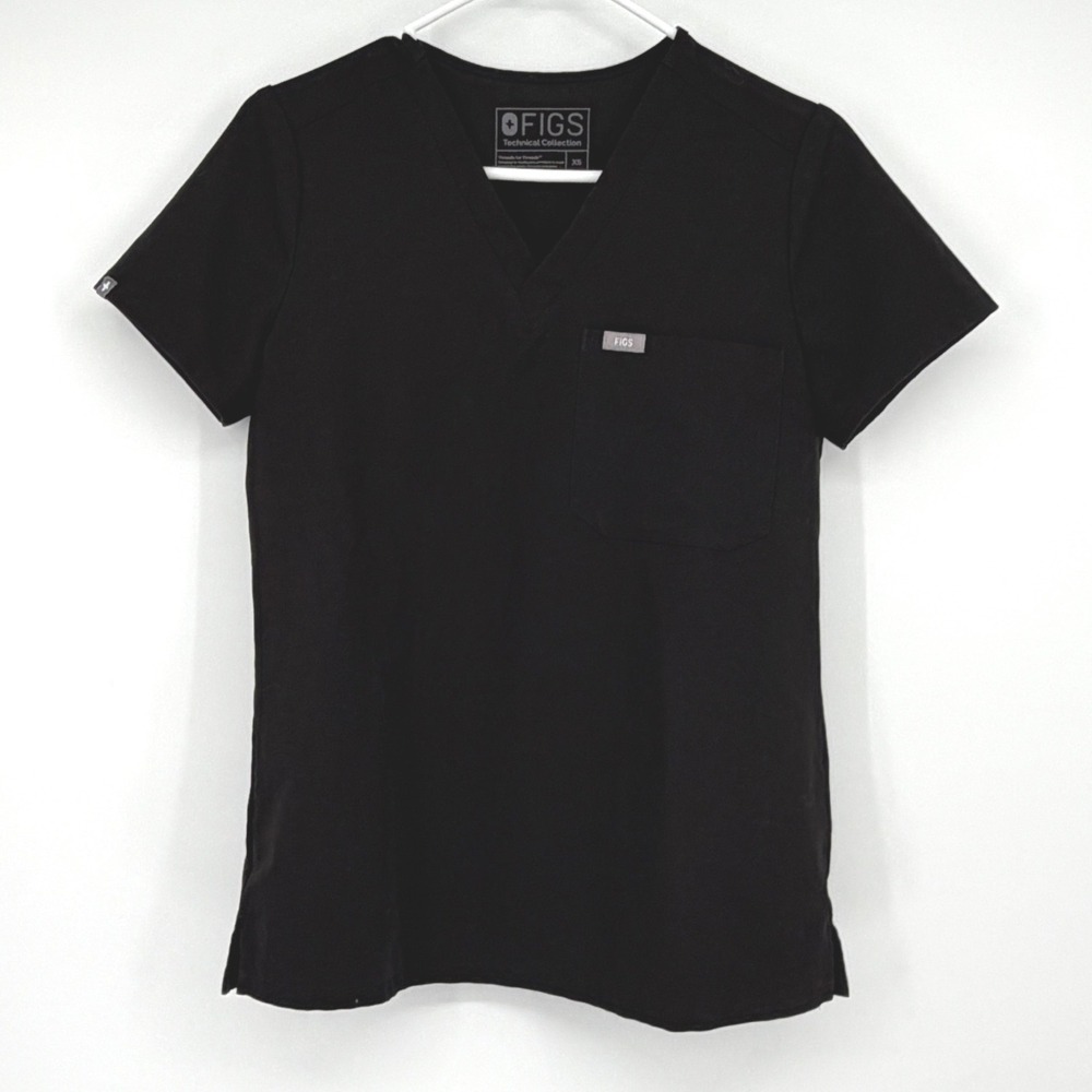 FIGS Technical Collection Black One Pocket V Neck Scrub Top XS Medical Office
